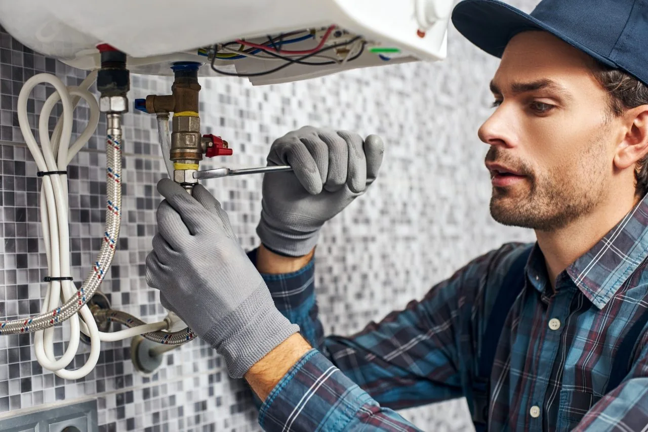 Technician tightening a plumbing connection