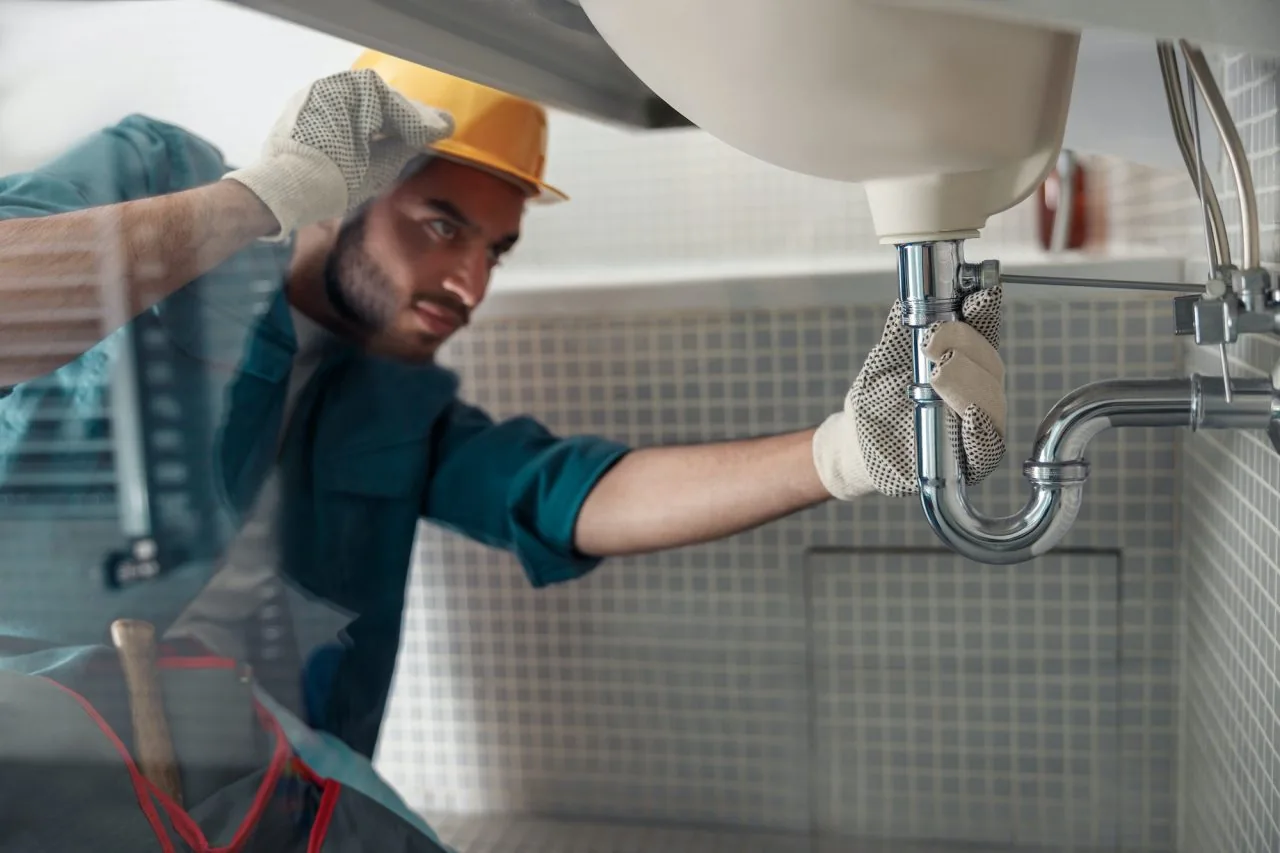 Plumber inspecting pipework below a sink